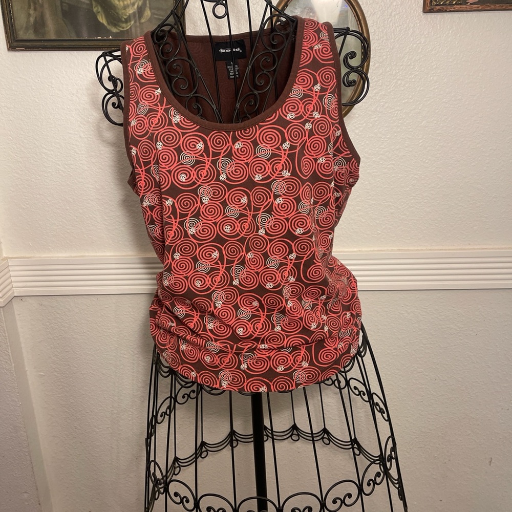Pale Pink and Brown Spiral Print Tank Top with Brown Trim